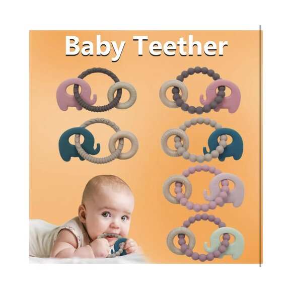 Silicone Baby Teether with Wooden Ring | Dual Hardness | BPA-Free | 2 Pcs - Picture 3 of 6